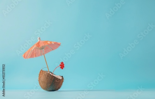 Tropical beach concept made of coconut fruit and miniature umbrella. Creative minimal summer idea.