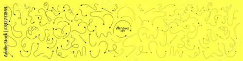 Big set of hand drawn thin line and dash line arrows. Collection of black curved vector pointers pointing in different directions. Simple design elements of a signpost showing confusing complex path.