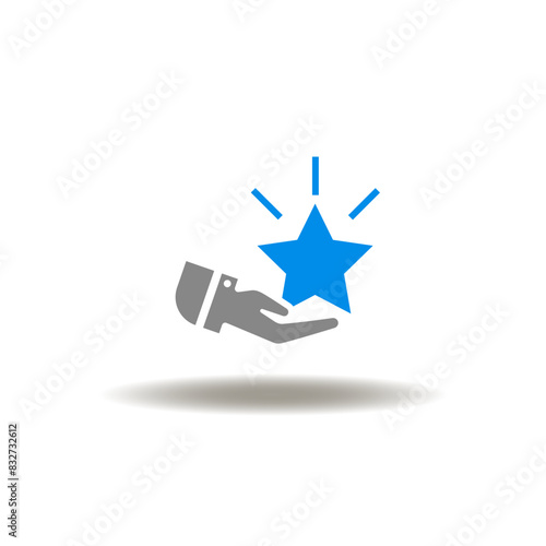 Vector illustration of hand hold shine star. Icon of review. Symbol of evaluation.