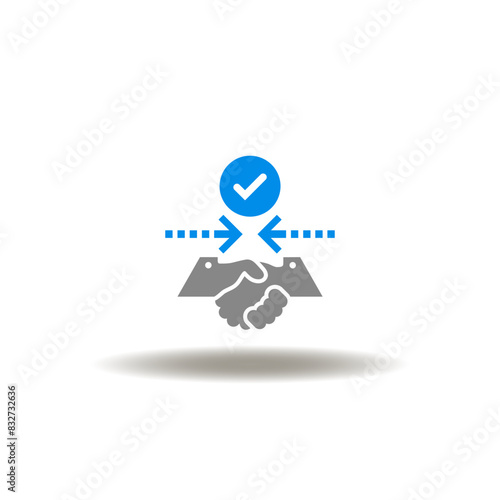 Vector illustration of handshake with arrows towards each other and check mark. Icon of trust. Symbol of success deal.