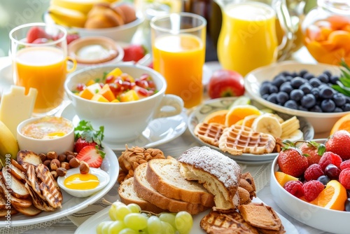 Assorted breakfast choices on bright kitchen table with white background setting