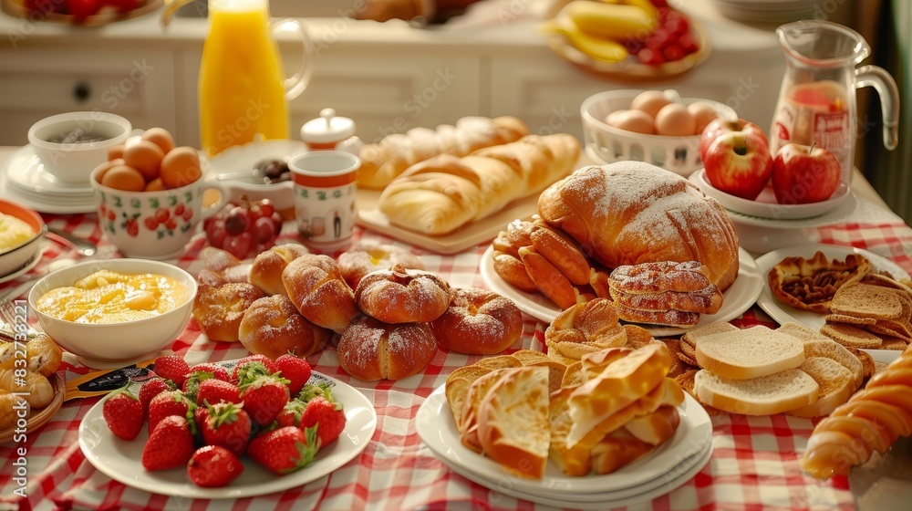 Assorted breakfast array on bright kitchen table with white surface, ideal morning spread Assorted breakfast array on bright kitchen table with white surface, ideal morning spread