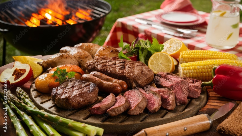 Labor day feast: a relaxed picnic setting with a variety of scrumptious meats and fresh vegetables laid out on a rustic wooden table, with a beautiful outdoor background. Labor day feast: a relaxed picnic setting with a variety of scrumptious meats and fresh vegetables laid out on a rustic wooden table, with a beautiful outdoor background.