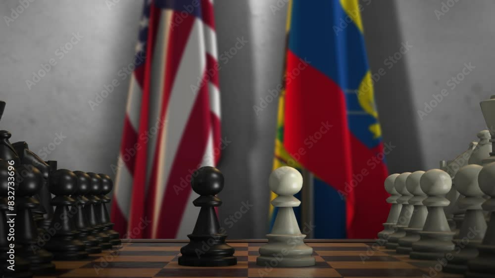 Ecuador and USA National Flags with Chess Board Animation. Politics of Government or Conflict of Countries Concept Ecuador and USA National Flags with Chess Board Animation. Politics of Government or Conflict of Countries Concept