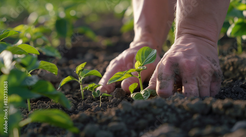 man hands panting by hand little green growing buds in fertile soil