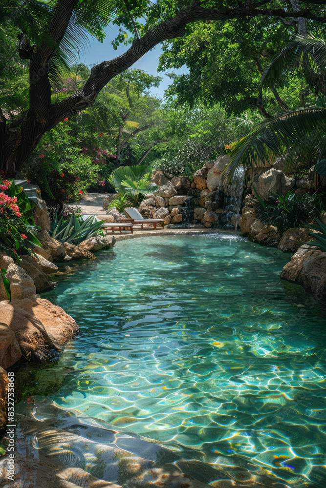 Naklejka premium A serene tropical lagoon with crystal-clear water, surrounded by lush greenery and vibrant flowers,