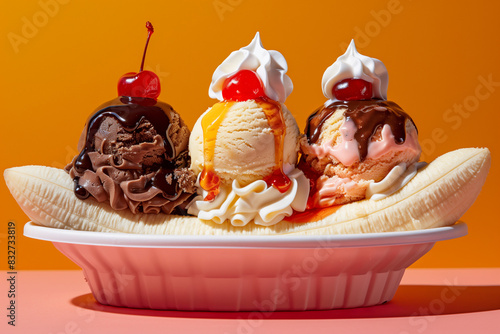 a banana split with three scoops of ice cream—chocolate, vanilla, and strawberry—topped with whipped cream, syrups, and cherries on a white dish against an orange background photo