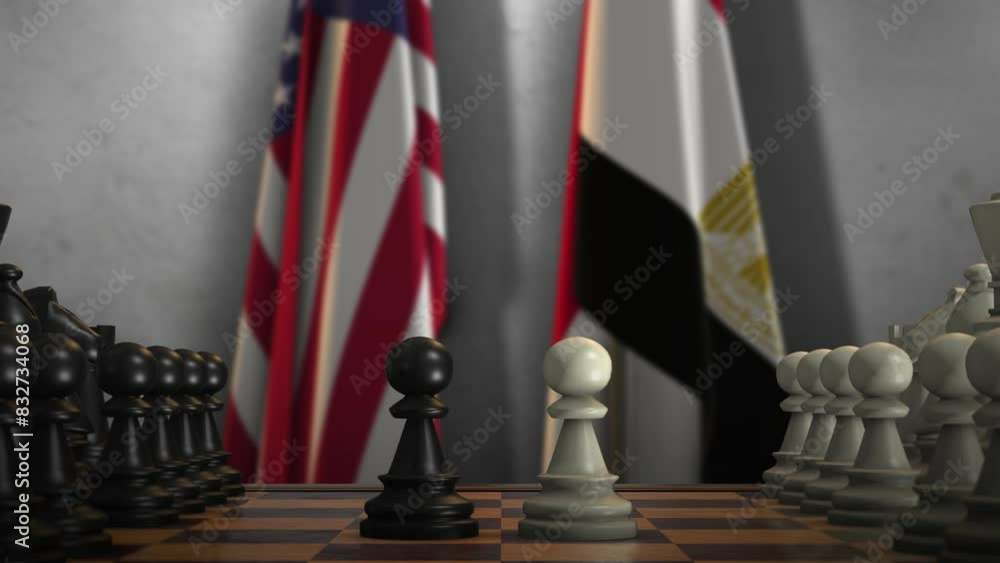 Egypt and USA National Flags with Chess Board Animation. Politics of Government or Conflict of Countries Concept Egypt and USA National Flags with Chess Board Animation. Politics of Government or Conflict of Countries Concept