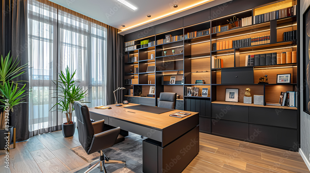 A modern office with a large desk and a chair A modern office with a large desk and a chair