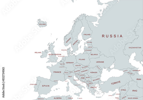 European map showing country boundaries and names