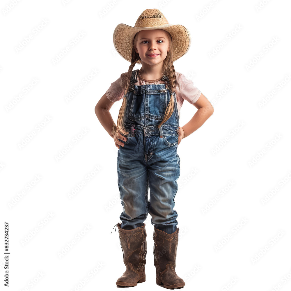 Cheerful little girl dressed in a cowboy hat and denim overalls stands confidently Cheerful little girl dressed in a cowboy hat and denim overalls stands confidently