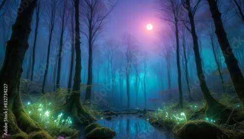 An enchanting forest scene under a full moon  with eerie blue fog and glowing plants creating a magical atmosphere. The serene river and bare trees add to the mystical  otherworldly feel of the image