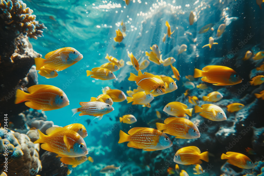 Fototapeta premium A tropical paradise with brightly colored coral reefs and schools of fish swimming in crystal-clear water,