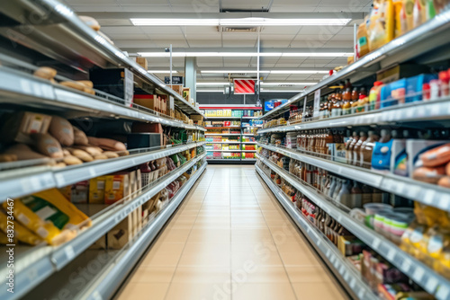 Supermarket with empty shelves for goods. Panic buying