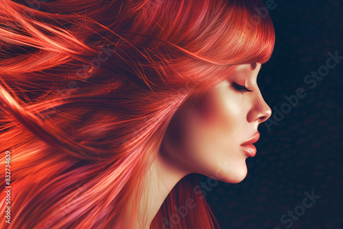 Beautiful woman with straight long shiny red hair. Beauty and hair care concept