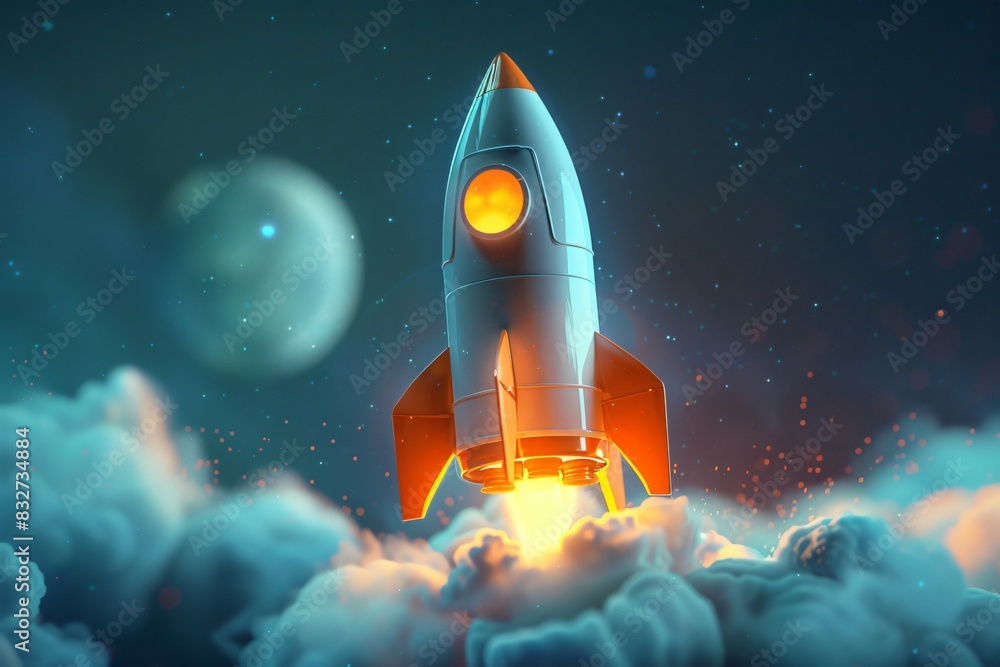 Fototapeta premium Rocket in flight with moon backdrop