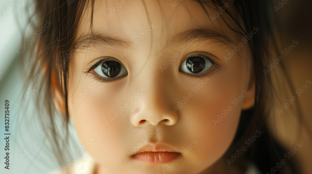 Closeup portrait of an Asian little girl, child with a serious face and wide open black eyes. Closeup portrait of an Asian little girl, child with a serious face and wide open black eyes.
