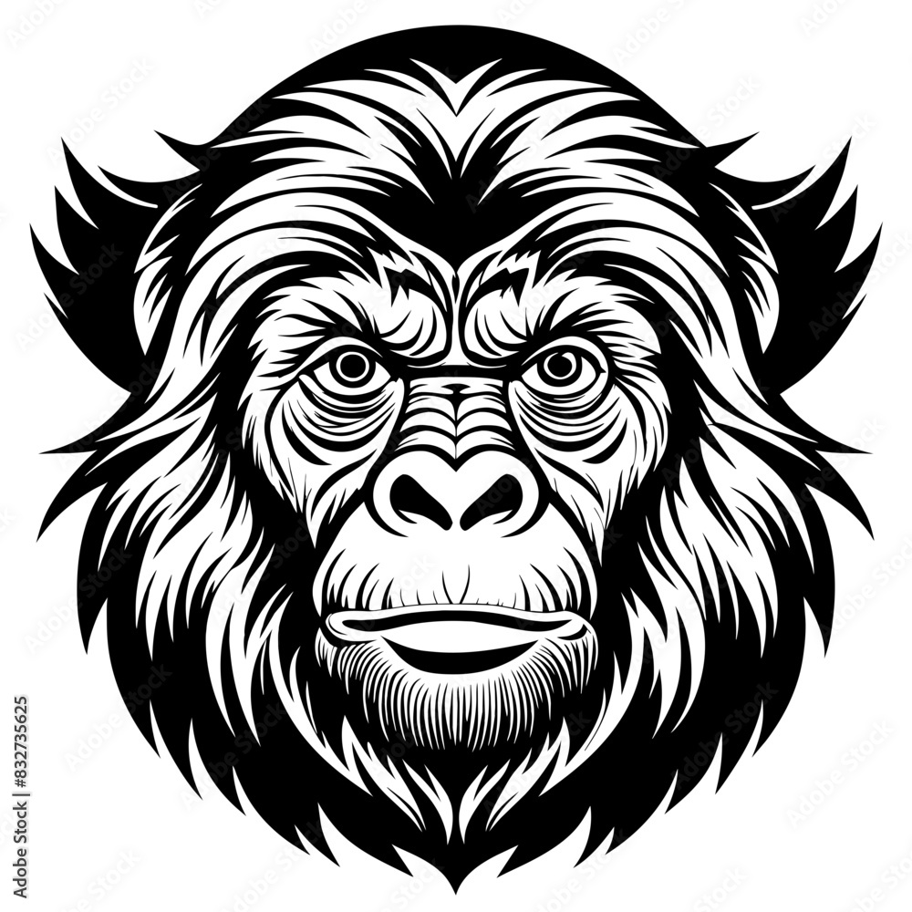 Fototapeta premium Intricate Black Vector Illustration of an Orangutan Head