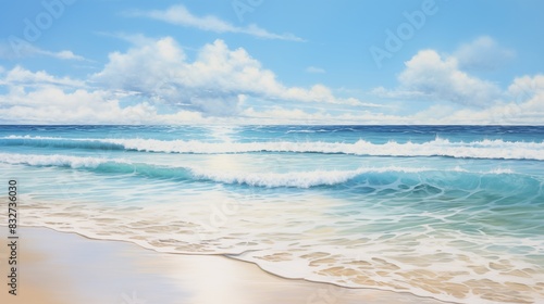 A stunning beach scene with waves crashing onto a sandy shore under a bright blue sky.