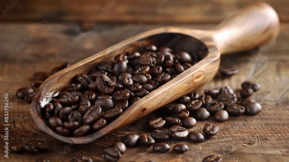 A wooden s scooping out a generous portion of deep brown organic coffee beans. A wooden s scooping out a generous portion of deep brown organic coffee beans.