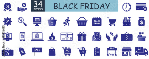 Collection of 34 Blue Black Friday Vector Icons for Shopping and Sales Promotions