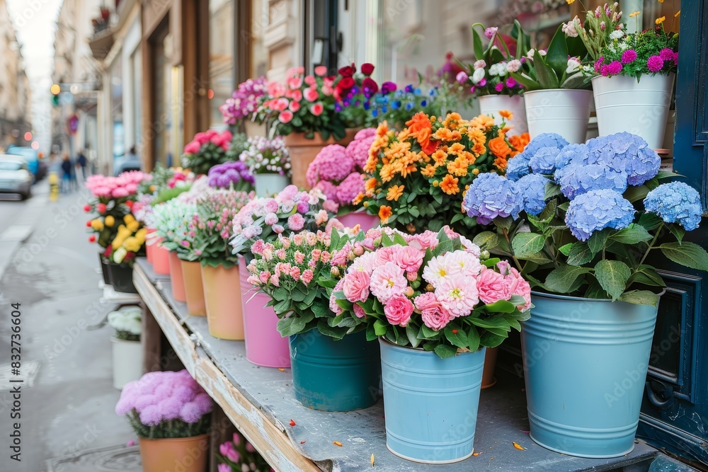 Urban flower market with blurred background offering ample space for text placement