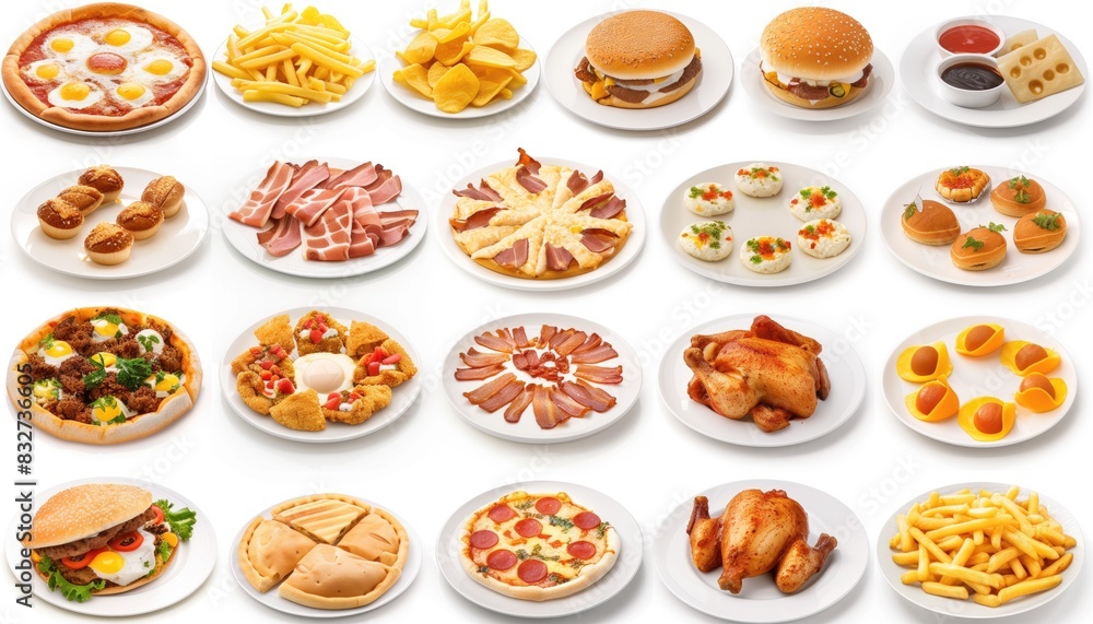 All Fast Food collection set, isolated on white background. Fried chicken, fries, pizza, sandwich, chicken nuggets, eggs and bacon, shawarma, prawns. Junk food of Fast Food set. Closeup of fast foods. All Fast Food collection set, isolated on white background. Fried chicken, fries, pizza, sandwich, chicken nuggets, eggs and bacon, shawarma, prawns. Junk food of Fast Food set. Closeup of fast foods.