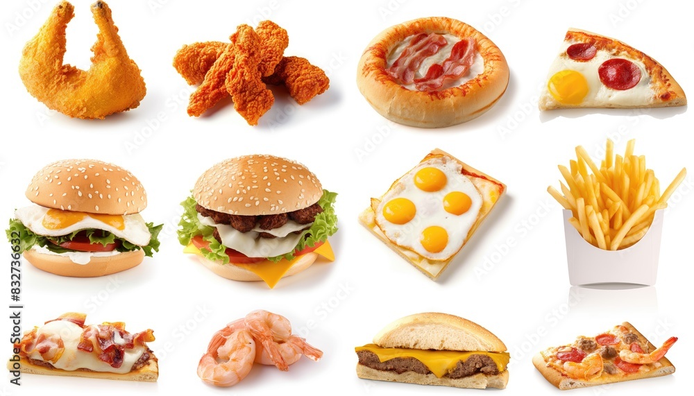 All Fast Food collection set, isolated on white background. Fried chicken, fries, pizza, sandwich, chicken nuggets, eggs and bacon, shawarma, prawns. Junk food of Fast Food set. Closeup of fast foods. All Fast Food collection set, isolated on white background. Fried chicken, fries, pizza, sandwich, chicken nuggets, eggs and bacon, shawarma, prawns. Junk food of Fast Food set. Closeup of fast foods.