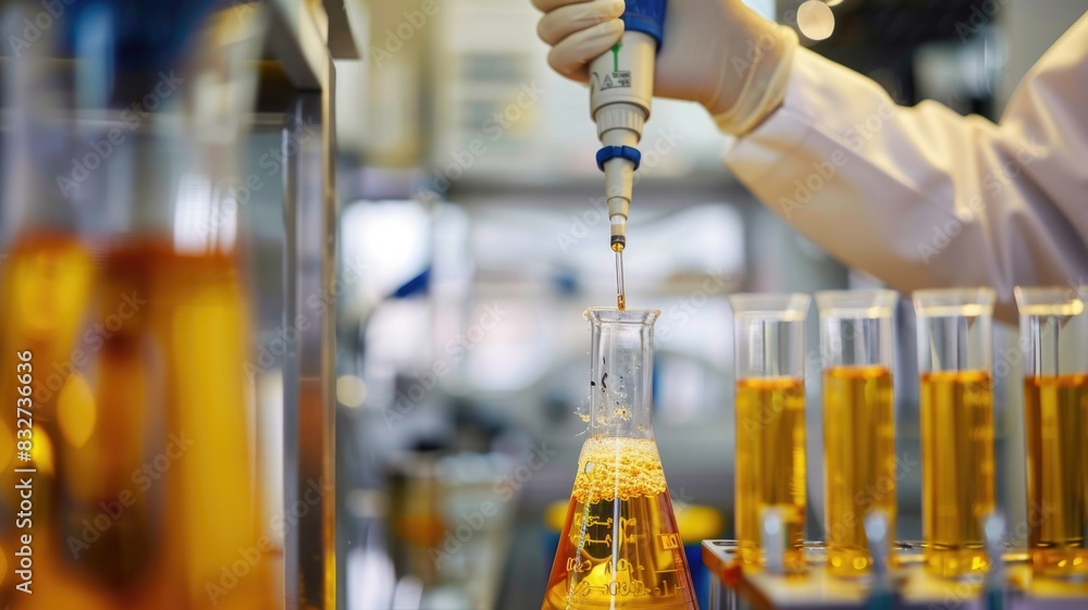lab worker using a glass pipette to extract a sample from a layered ...