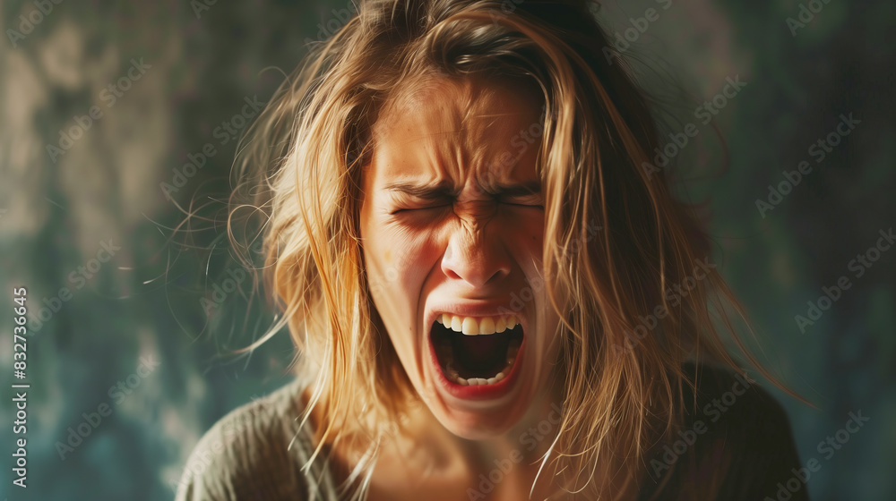 Portrait of a screaming woman with long blond hair on a dark background. Concept of pain and suffering, fear and horror, rage or irritation. Portrait of a screaming woman with long blond hair on a dark background. Concept of pain and suffering, fear and horror, rage or irritation.