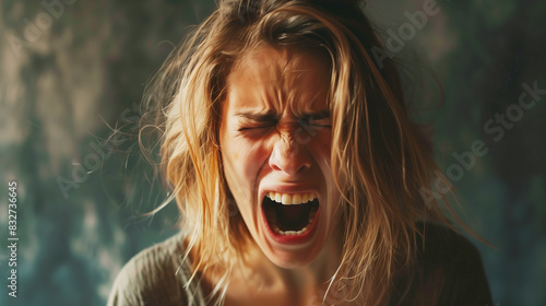 Portrait of a screaming woman with long blond hair on a dark background. Concept of pain and suffering, fear and horror, rage or irritation.