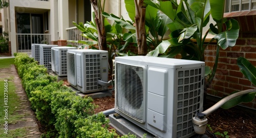 Row of air conditioner units outside a residential building. External cooling and air quality system © Tatyana