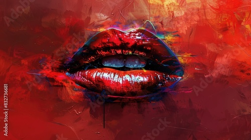 Sensual lips artwork in abstract style featuring a red background Female mouth and lips portrayed artistically photo