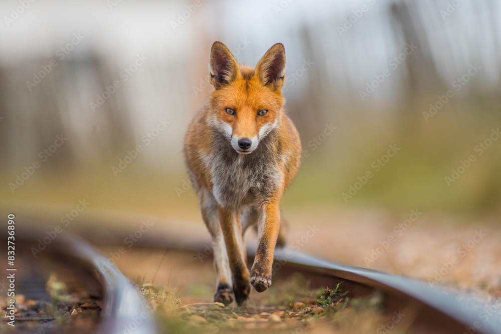 Obraz premium red fox vulpes running head on towards camera train tracks