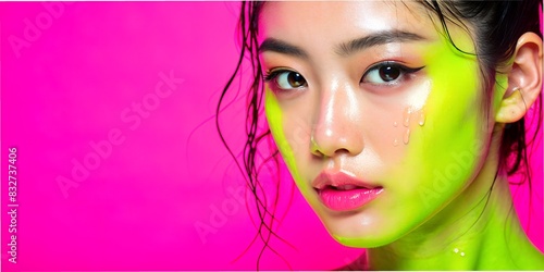 portrait of a woman in red dress portrait of a person macro face of a Japanese model, a shadow falls on her, her face is covered by a silk cloth,  on a pink background  green  neon face detail, beauti photo
