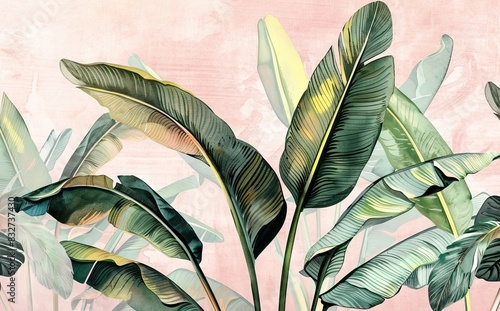 Illustration of tropical wallpaper print design with palm banana leaves and birds on canvas texture. Tropical plants and birds on textured background. AI generated illustration