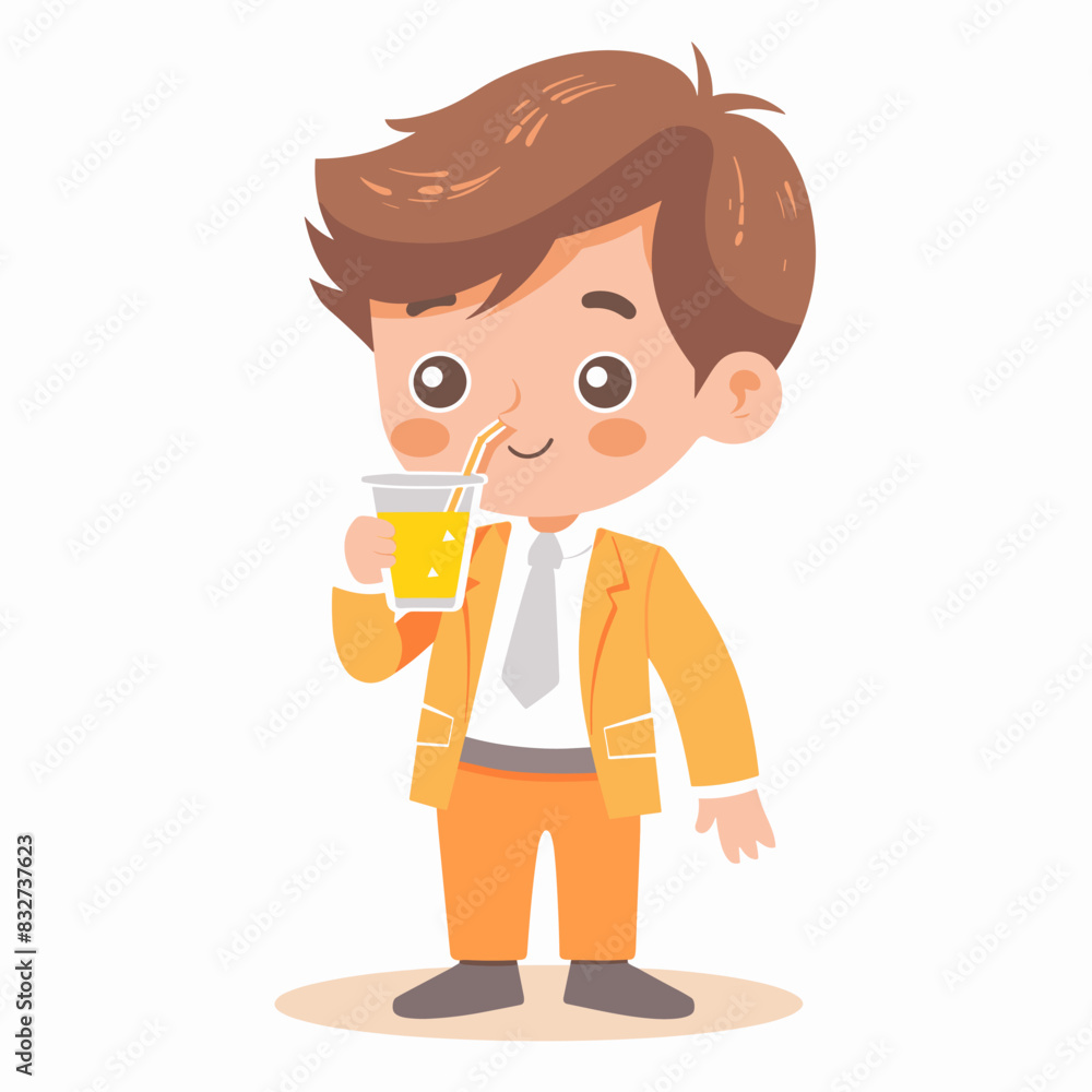 vector little boy drinks juice from a glass from a straw on a white background .Generative AI vector little boy drinks juice from a glass from a straw on a white background .Generative AI