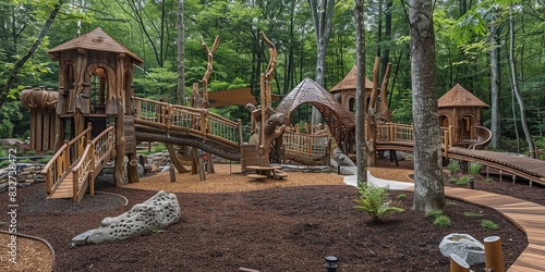 Natureinspired playground with treehouse structures, wooden bridges, and natural elements photo