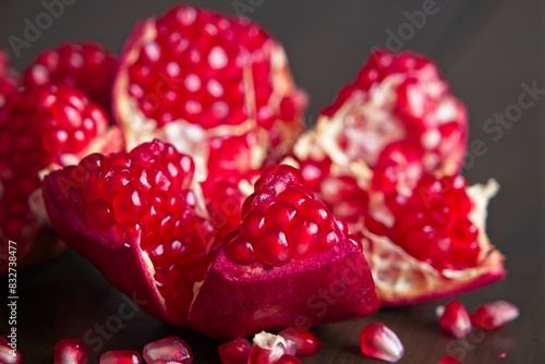 Close-up of ripe, fresh pomegranate cut open with view of seeds on a wooden table