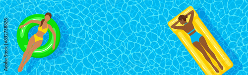 Two beautiful women swimming on an air mattress and circle in the pool, top view. Flat vector illustration with copy space