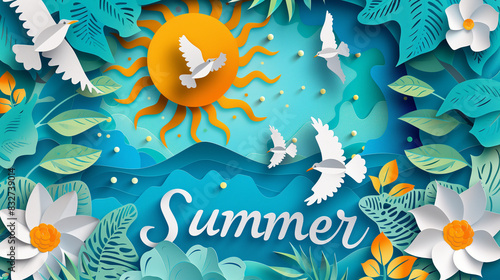 paper cut art illustration summer background.