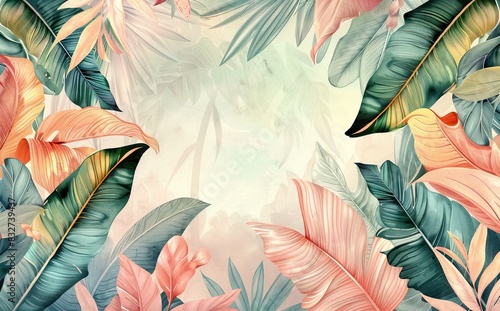 Illustration of tropical wallpaper print design with palm banana leaves and birds on canvas texture. Tropical plants and birds on textured background. AI generated illustration