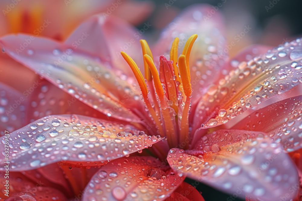 Fototapeta premium A close-up of a lily petal, with sparkling dewdrops creating a serene, tranquil scene,