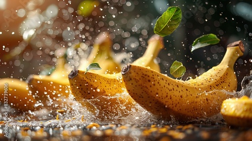   A group of overripe bananas splash into a pool of water, with a lush green leaf resting on top of one photo
