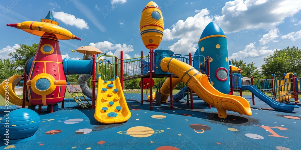 Naklejka premium Playground with a space theme, including rocket ships, planets, and alien structures