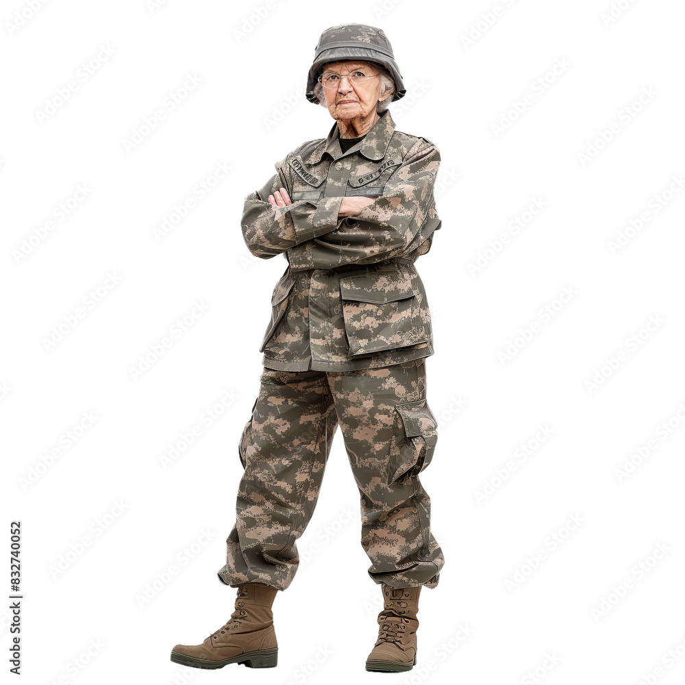 Elderly man standing in full military camouflage attire, arms crossed Elderly man standing in full military camouflage attire, arms crossed