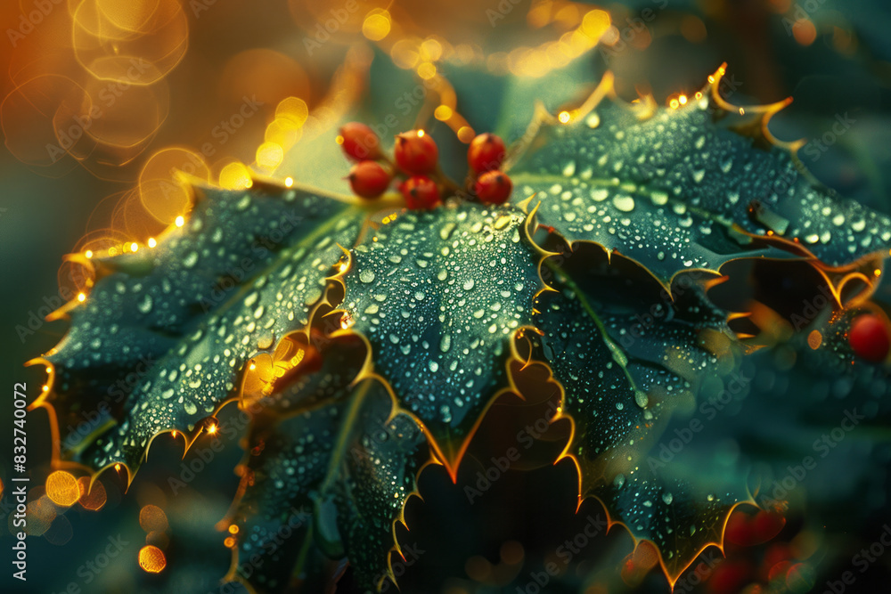 Macro image of a holly leaf, with dewdrops highlighting its glossy, deep green surface, Macro image of a holly leaf, with dewdrops highlighting its glossy, deep green surface,