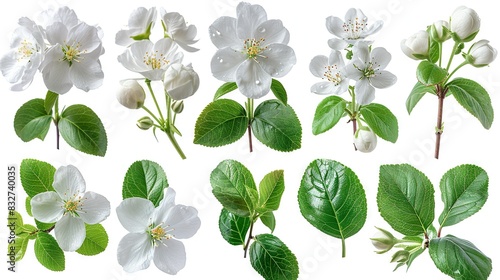   A bouquet of white flowers surrounded by green leaves on a white background