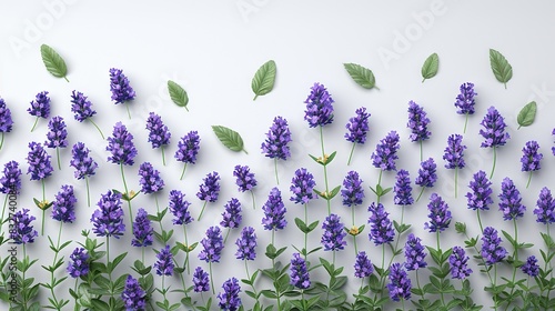   A field of lavender flowers amidst verdant foliage on a pure white backdrop  framed by a pristine white wall