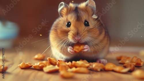 Domestic hamster eating food for domestic rodents. Nutrition, care and care for pets. Close-up